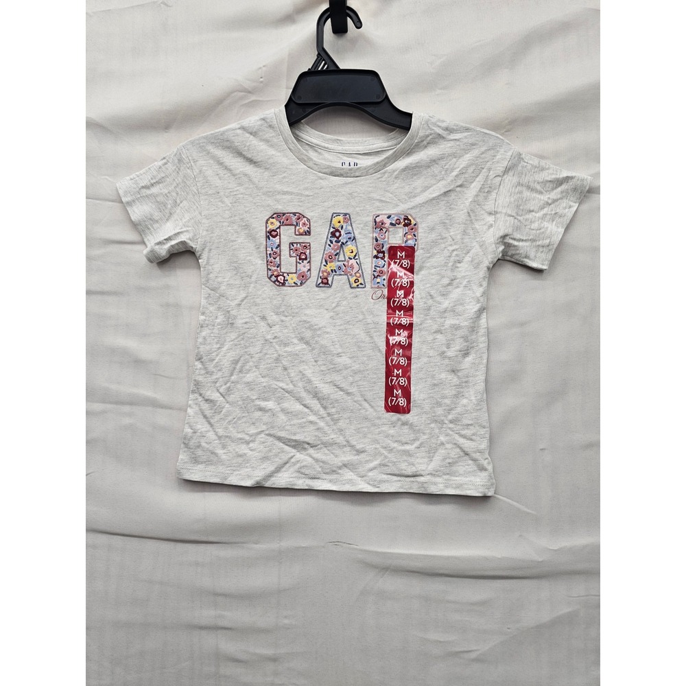 Gap Girls Floral Logo Graphic T-Shirt Gray Cotton Blend Casual Size Medium 7/8‎